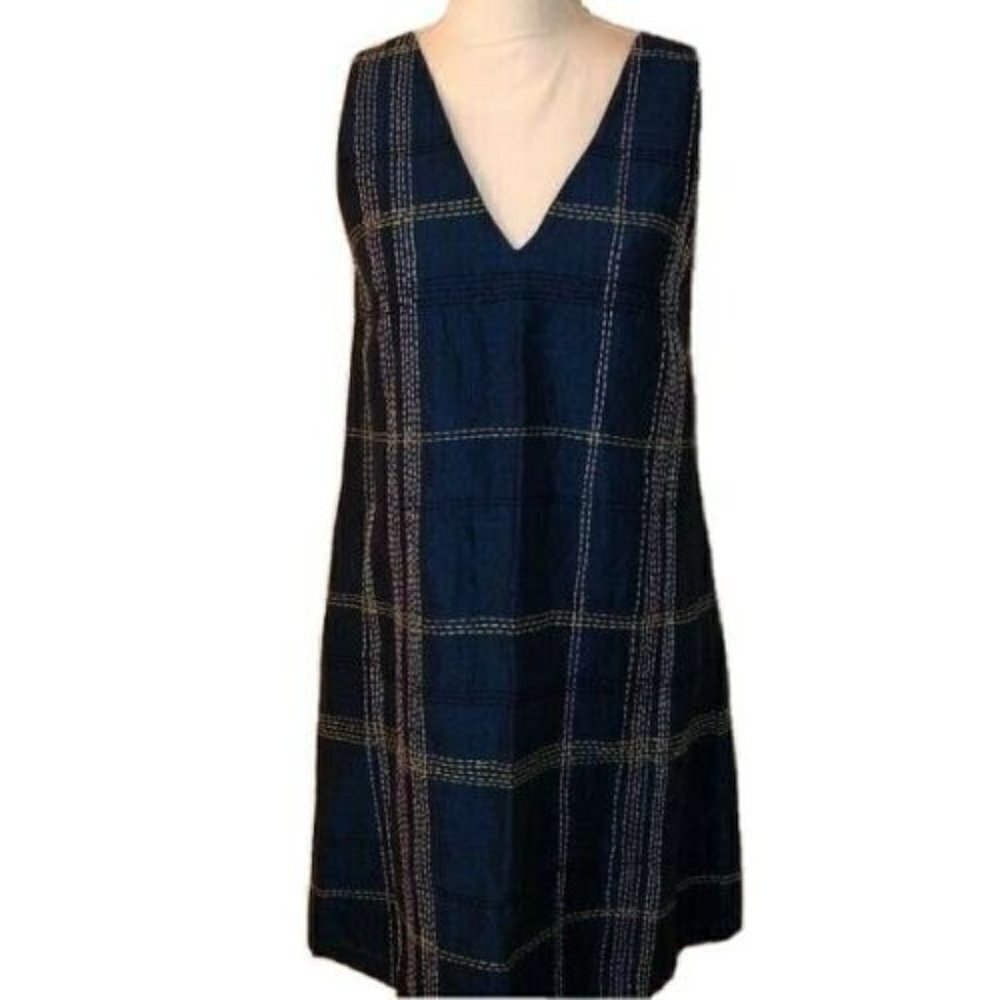 Gorman Shift Dress Womens Size 8 Navy Linen Sleeveless Lined Stitching V Neck